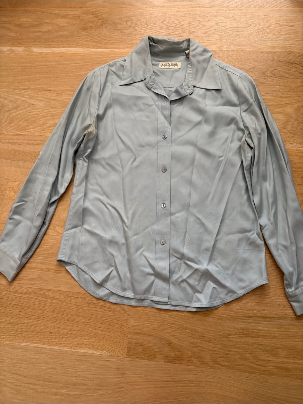 Ann Taylor Light Gray Satin Button-Down Blouse